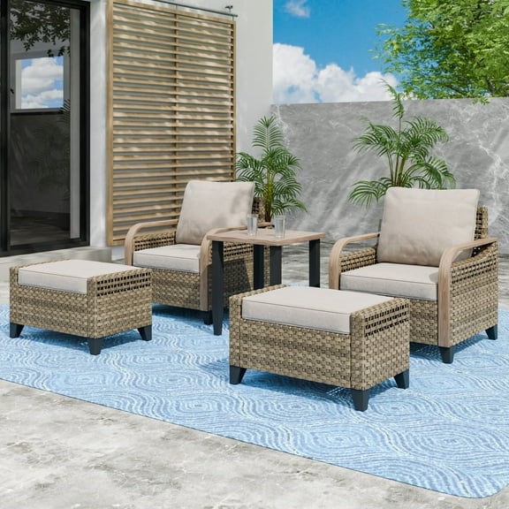 EAGLE PEAK 5 Piece Wicker Outdoor Patio Furniture Set, Patio Set with 2 Patio Chairs, Side Table, and 2 Ottomans, Brown/Gray