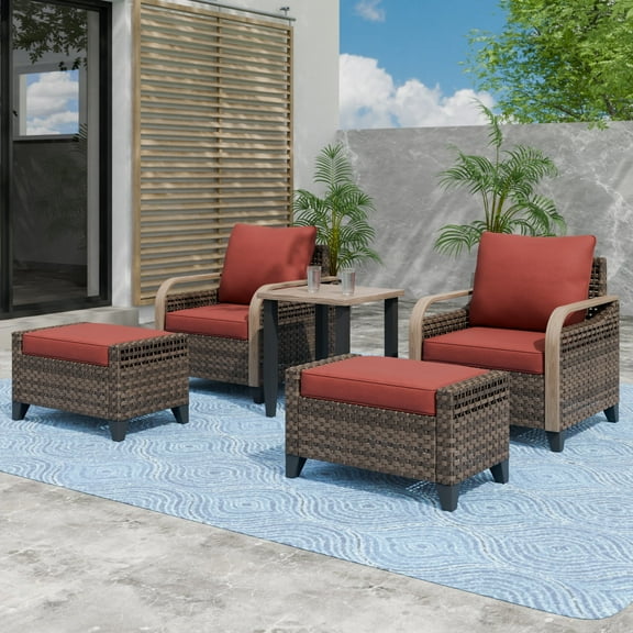 EAGLE PEAK 5 Piece Wicker Outdoor Patio Furniture Set, Patio Set with 2 Patio Chairs, Side Table, and 2 Ottomans, Brown/Red