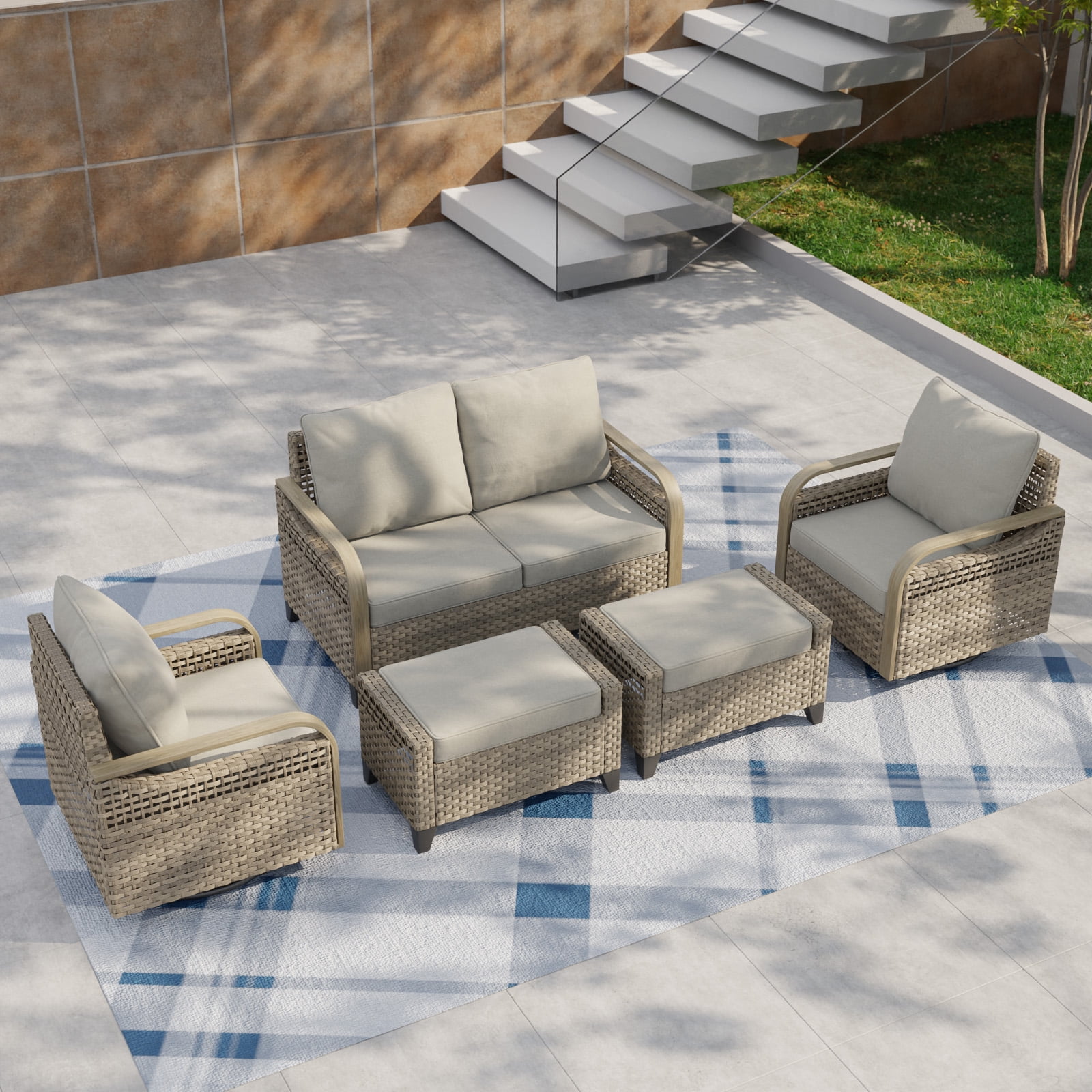5-Piece Brown Wicker Outdoor Sofa Seating Group with Gray Cushions