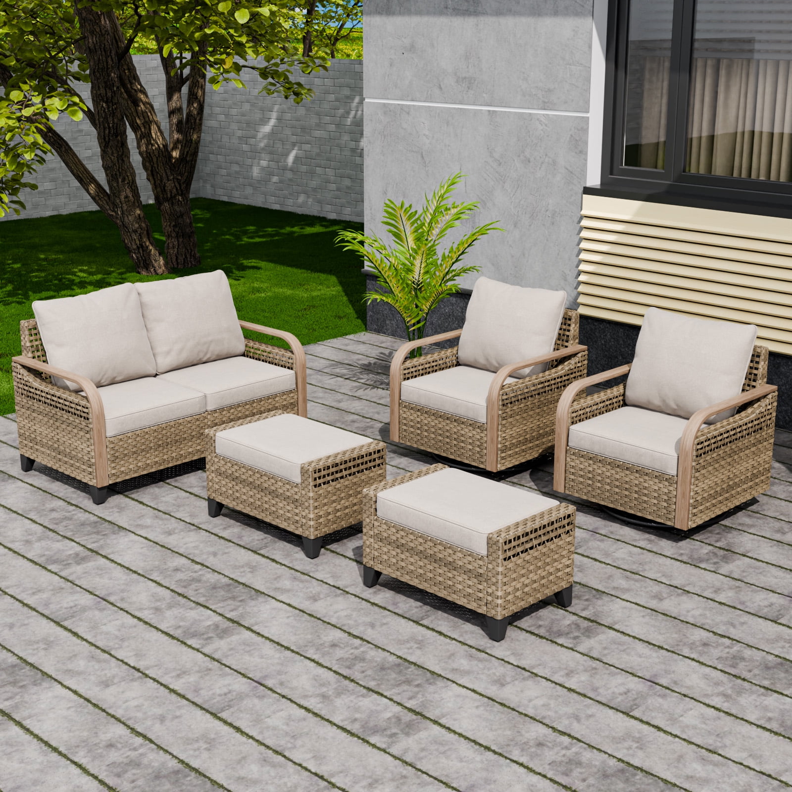 5-Piece Brown Wicker Outdoor Sofa Seating Group with Gray Cushions