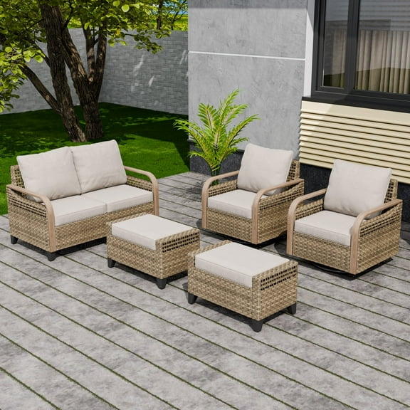 EAGLE PEAK 5 Piece Wicker Outdoor Patio Furniture Set, Patio Set with 2 Swivel Rocking Chairs, 2 Seat Loveseat Sofa, and 2 Ottomans, Brown/Gray