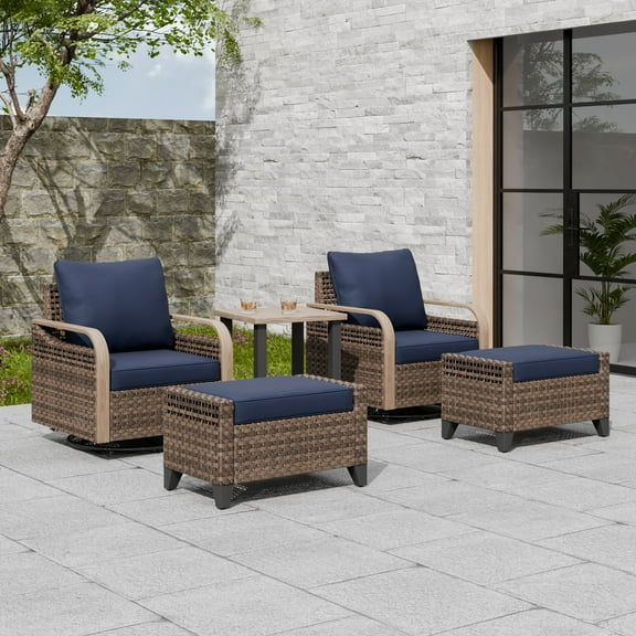 EAGLE PEAK 5 Piece Wicker Outdoor Patio Furniture Set, Patio Set with 2 Swivel Rocking Chairs, Side table and 2 Ottomans, Brown/Blue