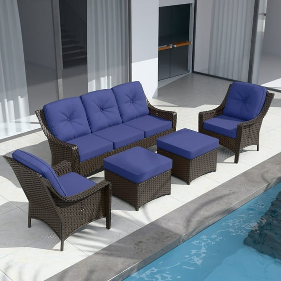 EAGLE PEAK Azure Bay 5 Pieces Wicker Outdoor Patio Furniture Set, Sofa and Chairs with Ottomans, Brown Wicker and Blue Cushions