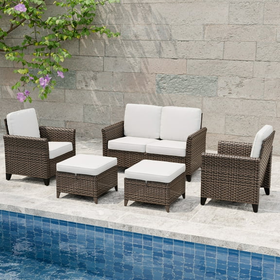 EAGLE PEAK Ocean Vista 5 piece Patio Variated Brown Wicker Conversation Set Dining Chairs & Loveseat, Beige Cushion