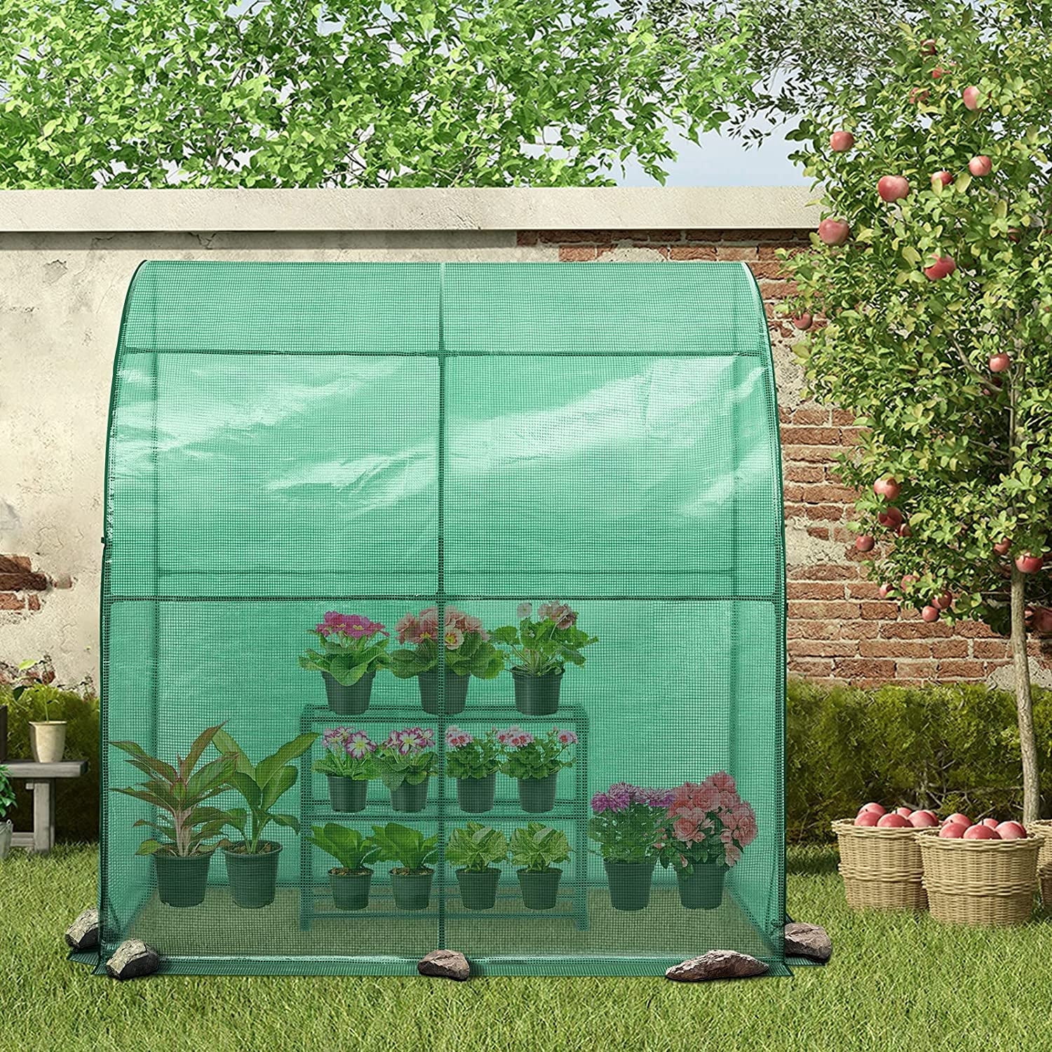 EAGLE PEAK 6.6’ x 3.3’ x 6.9’ Outdoor Lean to Walk-in Greenhouse with Shelf, Gardening Wall Green House with Roll-up Zipper Entry Doors, Green