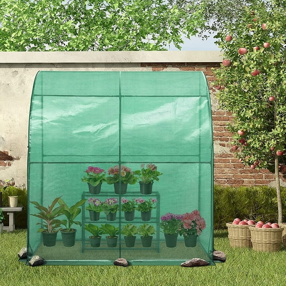 EAGLE PEAK 6.6’ x 3.3’ x 6.9’ Outdoor Lean to Walk-in Greenhouse with Shelf, Gardening Wall Green House with Roll-up Zipper Entry Doors, Green