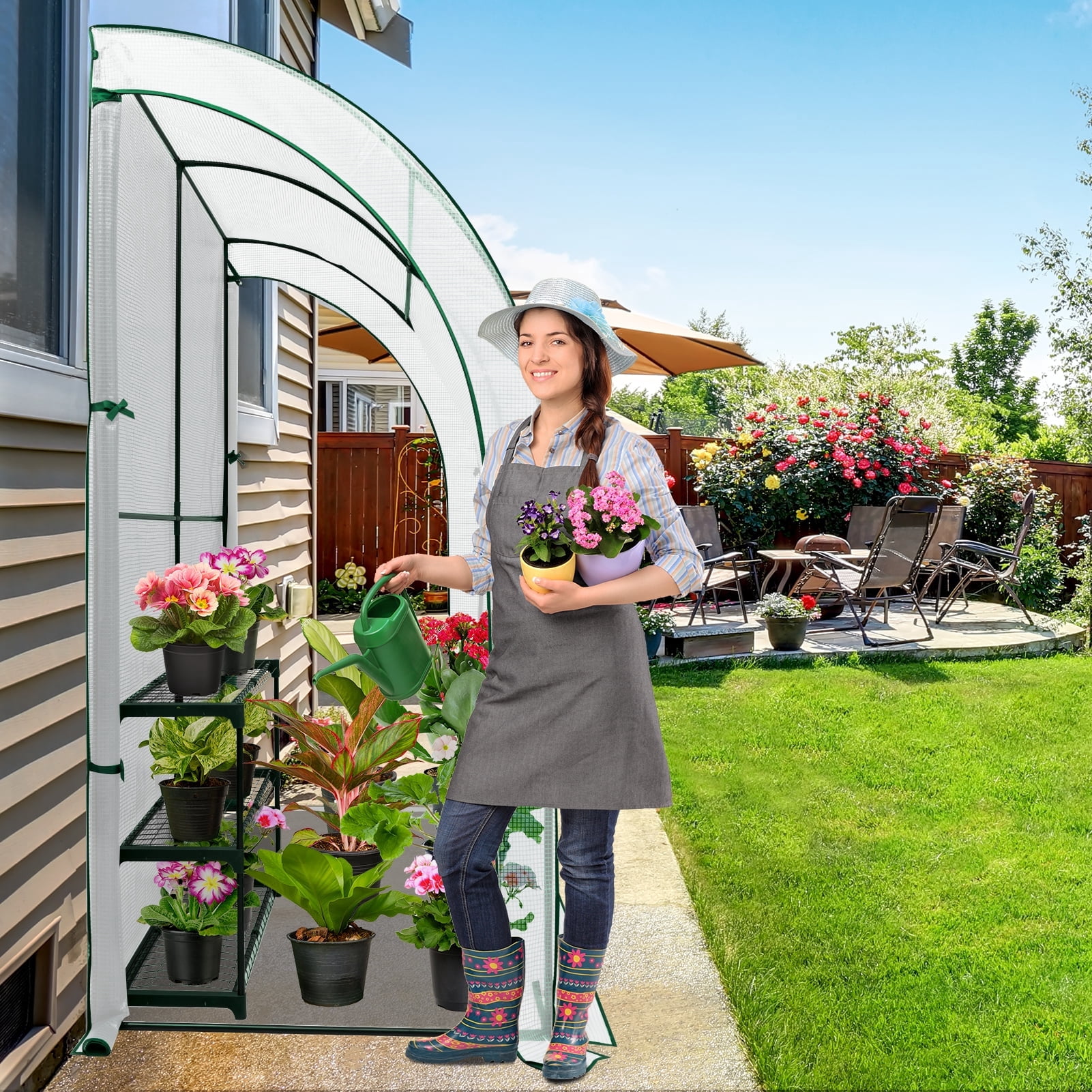 EAGLE PEAK 6.6 x 3.3 x 6.9ft Outdoor Lean to Walk-in Greenhouse with Shelf, Gardening Wall Green House with Roll-up Zipper Entry Doors, White