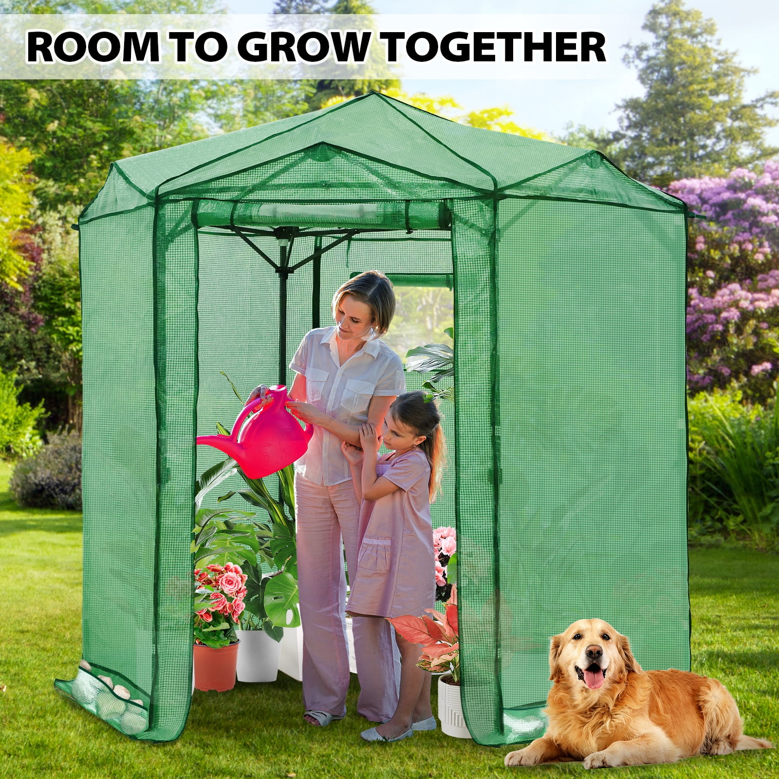 EAGLE PEAK 6.6x6.6 ft Hexagon Pop up Greenhouse, Portable Walk-in Grow Tent, All-Weather Plant Shelter, Green