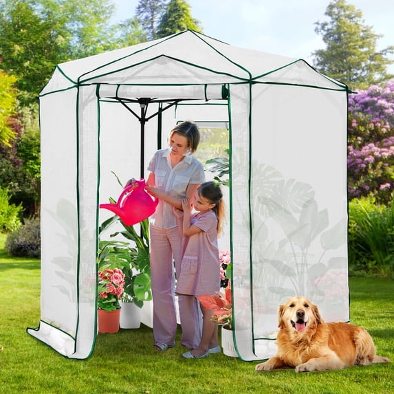 EAGLE PEAK 6.6x6.6 ft Hexagon Pop up Greenhouse, Portable Walk-in Grow Tent, All-Weather Plant Shelter, White