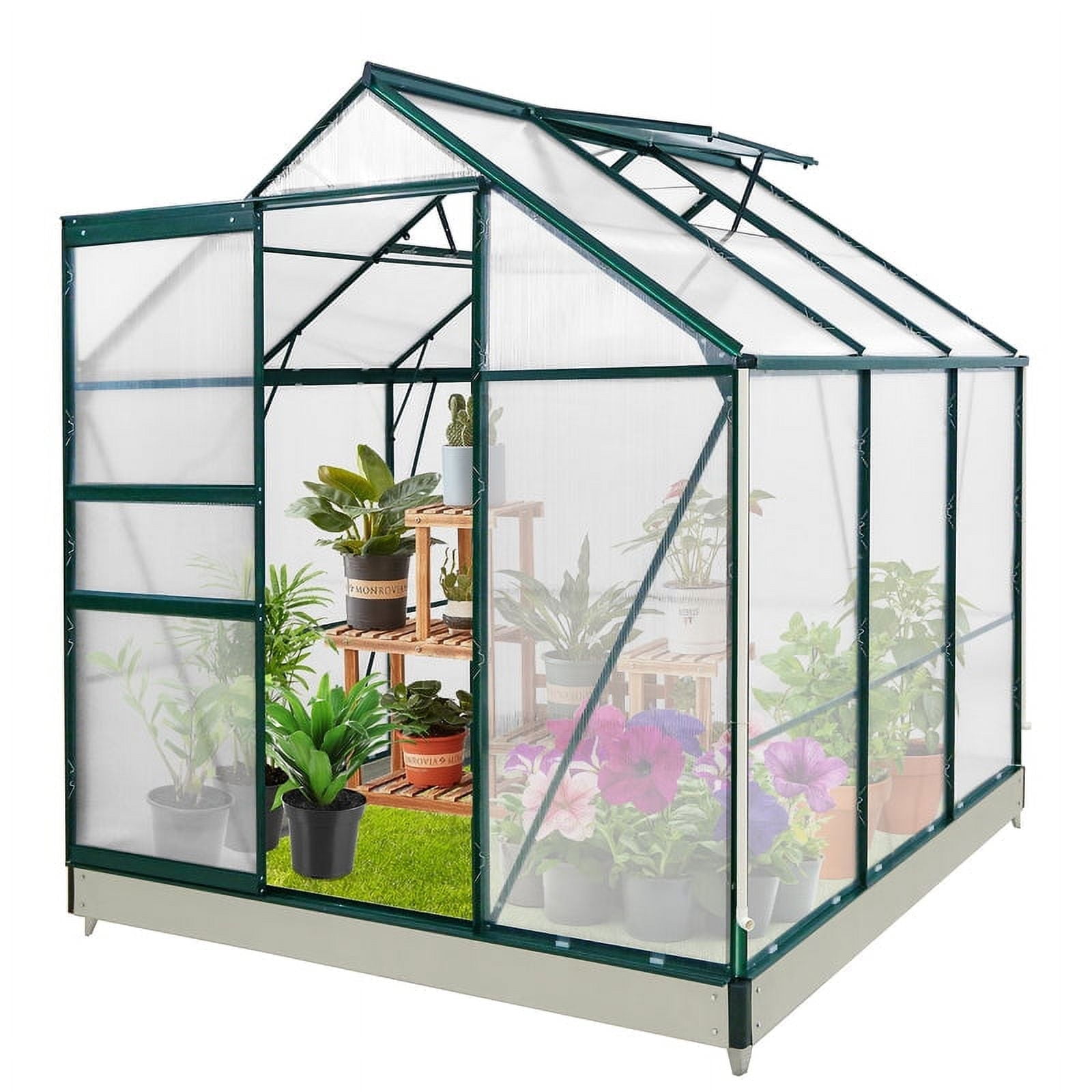 EAGLE PEAK 6x6x7 Outdoor Walk-in Hobby Greenhouse, Polycarbonate Aluminum Greenhouse with Adjustable Roof Vent and Rain Gutter, Base and Anchor, Dark Green