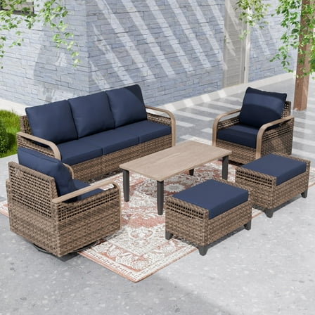 EAGLE PEAK 6 Piece Wicker Outdoor Patio Furniture Set, Patio Set with 2 Swivel Rocking Chairs, 3 Seat Loveseat Sofa, 2 Ottomans, and Coffee Table, Brown/Blue