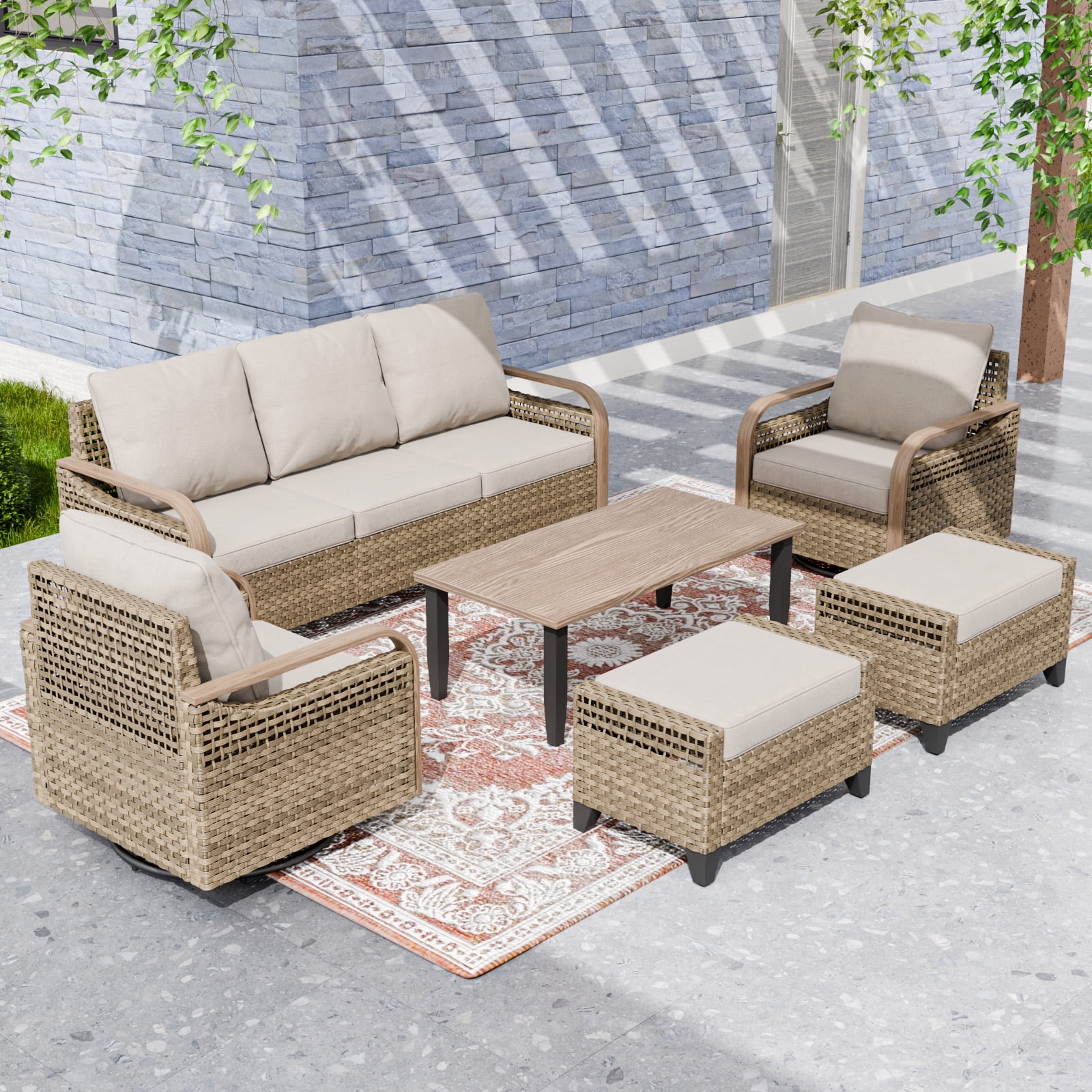 5-Piece Gray Wicker Outdoor Sofa Seating Group with Cushions