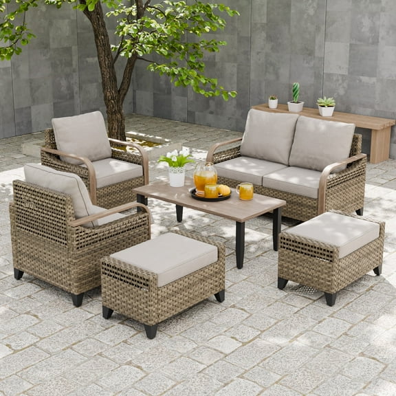 EAGLE PEAK 6 Piece Wicker Outdoor Patio Furniture Set, Patio Set with 2 Patio Chairs, 2 Seat Loveseat Sofa, 2 Ottomans, and Coffee Table, Brown/Gray