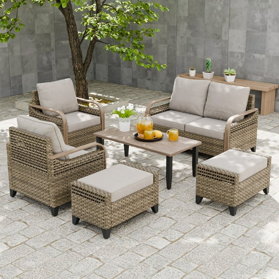 EAGLE PEAK 6 Piece Wicker Outdoor Patio Furniture Set, Patio Set with 2 Patio Chairs, 2 Seat Loveseat Sofa, 2 Ottomans, and Coffee Table, Brown/Gray