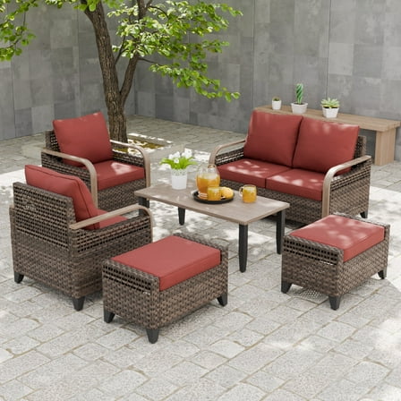 EAGLE PEAK 6 Piece Wicker Outdoor Patio Furniture Set, Patio Set with 2 Patio Chairs, 2 Seat Loveseat Sofa, 2 Ottomans, and Coffee Table, Brown/Red