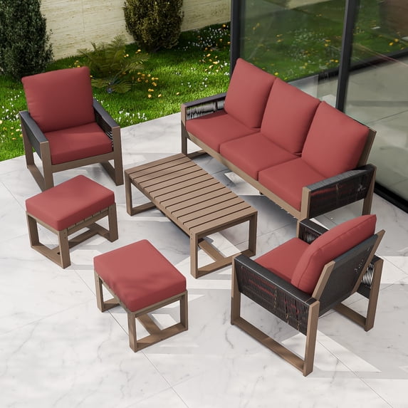 EAGLE PEAK 6 Pieces Natural Real Wood Cedar Outdoor Patio Conversation Set Spacious Seat Dining Chair & Sofa Set with Red Cushions, Slat Top Rectangular Coffee Table, Ottomans