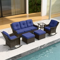 EAGLE PEAK Azure Bay 6 Pieces Wicker Outdoor Patio Furniture Set, Sofa and Rocking Chairs with Ottomans and Side Table, Brown Wicker and Blue Cushions