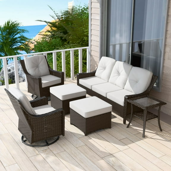 EAGLE PEAK Azure Bay 6 Pieces Wicker Outdoor Patio Furniture Set, Sofa and Swivel Chairs with Ottomans and Side Table Brown Wicker and Beige Cushions
