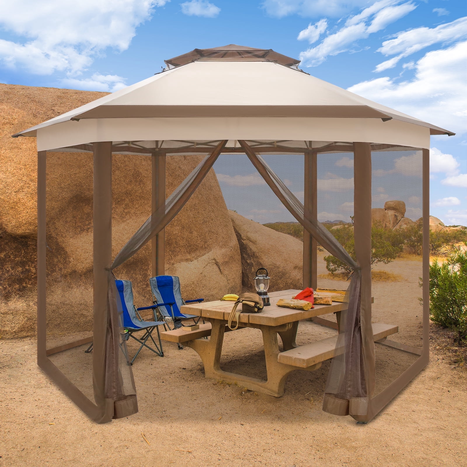 EAGLE PEAK 6-Sided Outdoor Camping Pop Up Gazebo w/Screen Netting, 13x13 Double-Tier Hexagonal Outdoor Canopy Tent for Patio, Garden, Party, Backyard, Beige