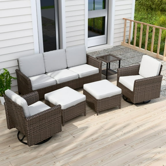 EAGLE PEAK Ocean Vista 6 piece Patio Variated Brown Wicker Sofa Set Swivel Chairs, 3-Seat Sofa, Beige Cushions