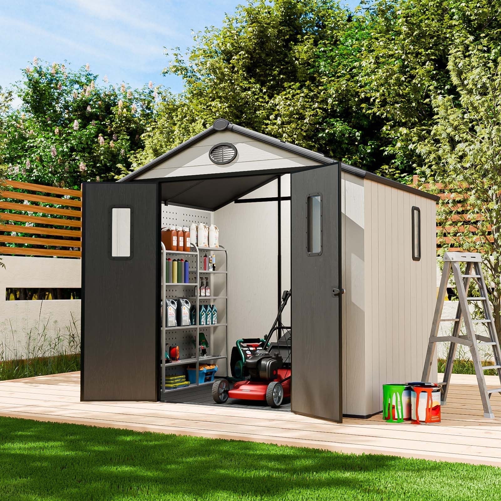 EAGLE PEAK 8x6 Resin Outdoor Storage Shed, Garden Shed with Floor & Lockable Doors, Tool & Equipment Storage, White/Gray