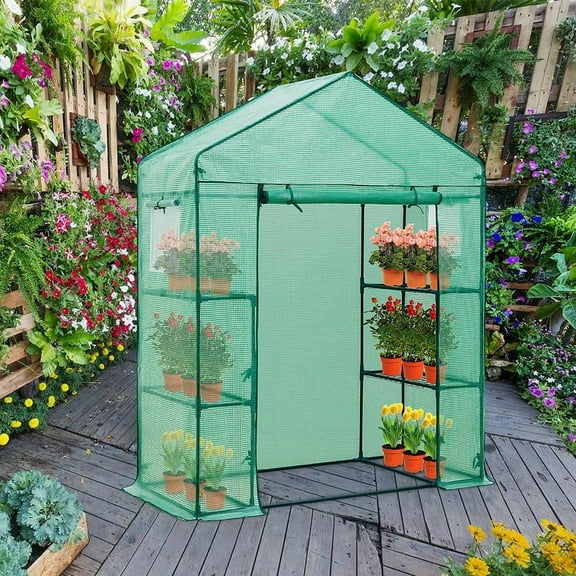 EAGLE PEAK 61'' x 28'' x 79'' Walk-in Greenhouse with 2 Tier 4 Shelves, Zipper Entry Door, and 2 Side Windows