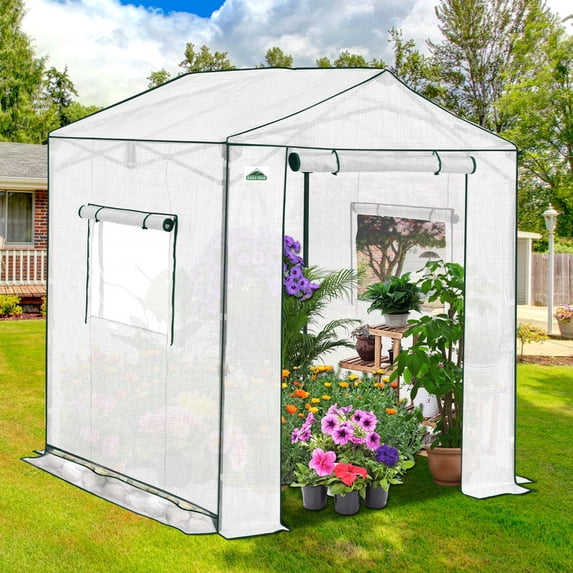 EAGLE PEAK 6x6 Portable Pop Up Greenhouse, Patented Center Lock, Walk-in Outdoor Greenhouse with Zippered Doors & Windows, White