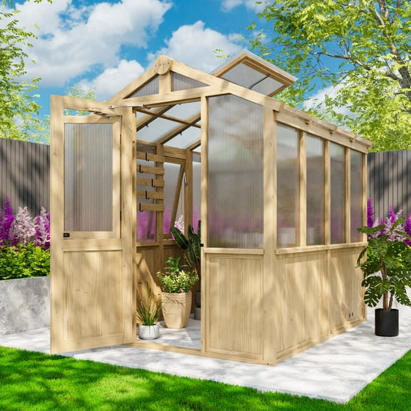 EAGLE PEAK 7.5x6.7x7.7 ft Wood and Polycarbonate Walk-in Greenhouse, Cedar Framed Hobby Greenhouse with Roof Vent, Natural