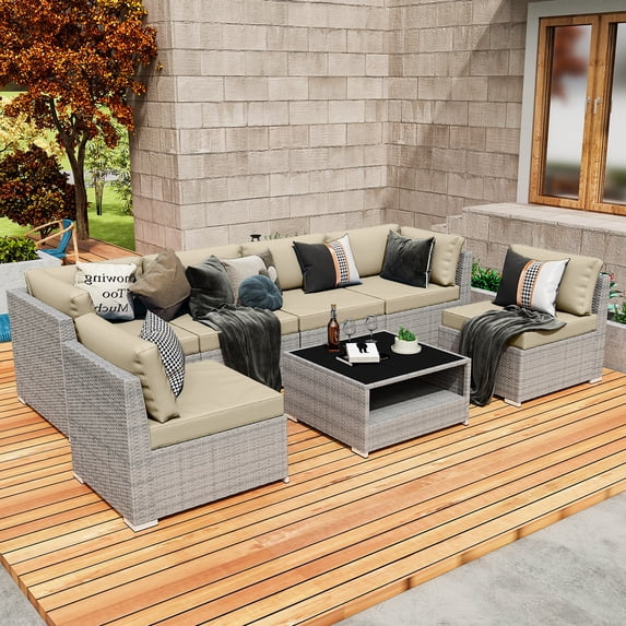 EAGLE PEAK 7 Piece Outdoor Wicker Patio Furniture Set with Coffee Table, Beige