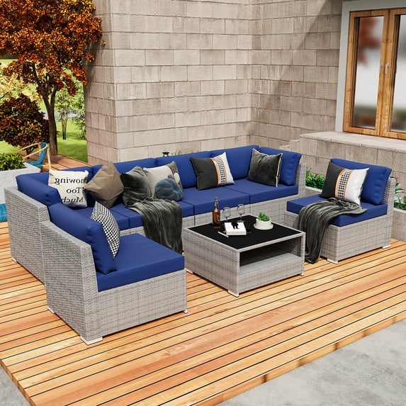 EAGLE PEAK 7 Piece Outdoor Wicker Patio Furniture Set with Coffee Table, Dark Blue