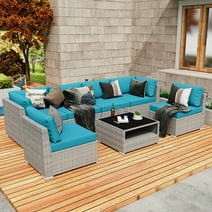 EAGLE PEAK 7 Piece Outdoor Wicker Patio Furniture Set with Coffee Table, Light Blue