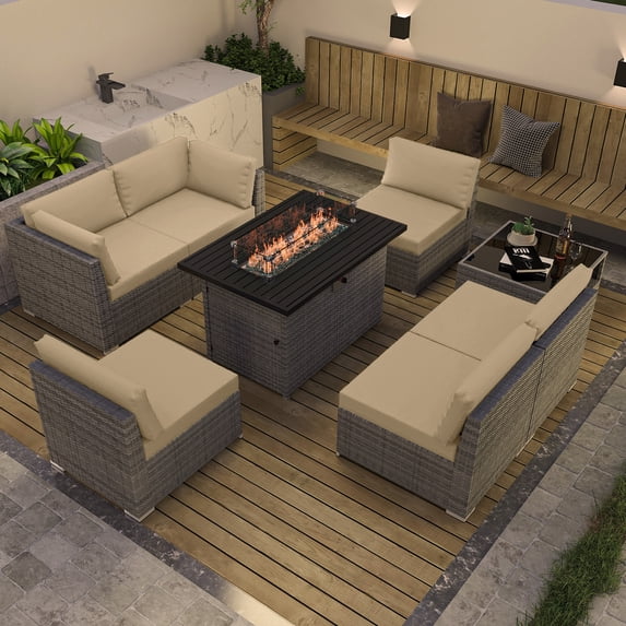 EAGLE PEAK 8 Piece Outdoor Wicker Patio Furniture Set with Fire Table and Coffee Table, PE Rattan Sectional Conversation Sofa Set with Seating for 6 People, Beige