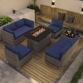 thumbnail image 1 of EAGLE PEAK 8 Piece Outdoor Wicker Patio Furniture Set with Fire Table and Coffee Table, PE Rattan Sectional Conversation Sofa Set with Seating for 6 People, Dark Blue, 1 of 8