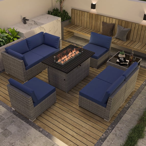 EAGLE PEAK 8 Piece Outdoor Wicker Patio Furniture Set with Fire Table and Coffee Table, PE Rattan Sectional Conversation Sofa Set with Seating for 6 People, Dark Blue