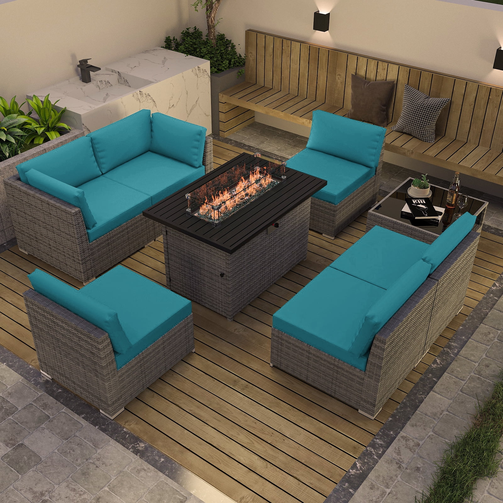 EAGLE PEAK 8 Piece Outdoor Wicker Patio Furniture Set with Fire Table and Coffee Table, PE