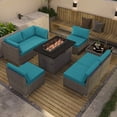 thumbnail image 1 of EAGLE PEAK 8 Piece Outdoor Wicker Patio Furniture Set with Fire Table and Coffee Table, PE Rattan Sectional Conversation Sofa Set with Seating for 6 People, Light Blue, 1 of 8