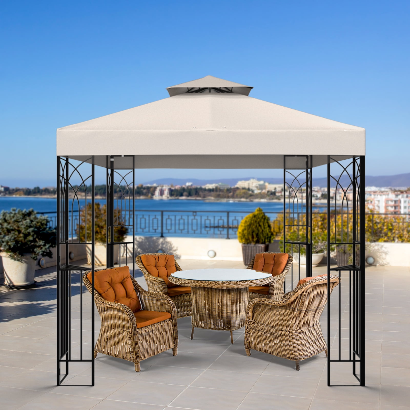 Beige Powder Coated Steel Patio Gazebo with Double Roof