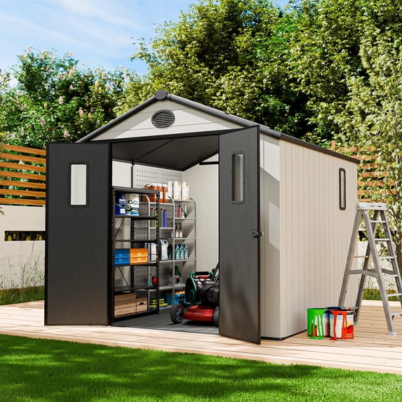 EAGLE PEAK 8' x 8' Resin Outdoor Patio Lockable Storage Shed, All-Weather Plastic Garden Shed with Floor and Windows, White/Gray