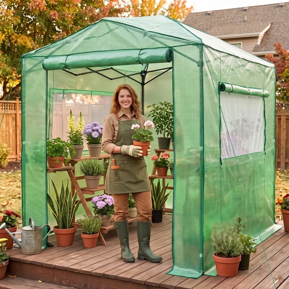 EAGLE PEAK 8'x6' Portable Walk-in Greenhouse, Instant Pop-up Fast Setup Plant Gardening Greenhouse, Roll-up Zippered Doors and Windows, Green