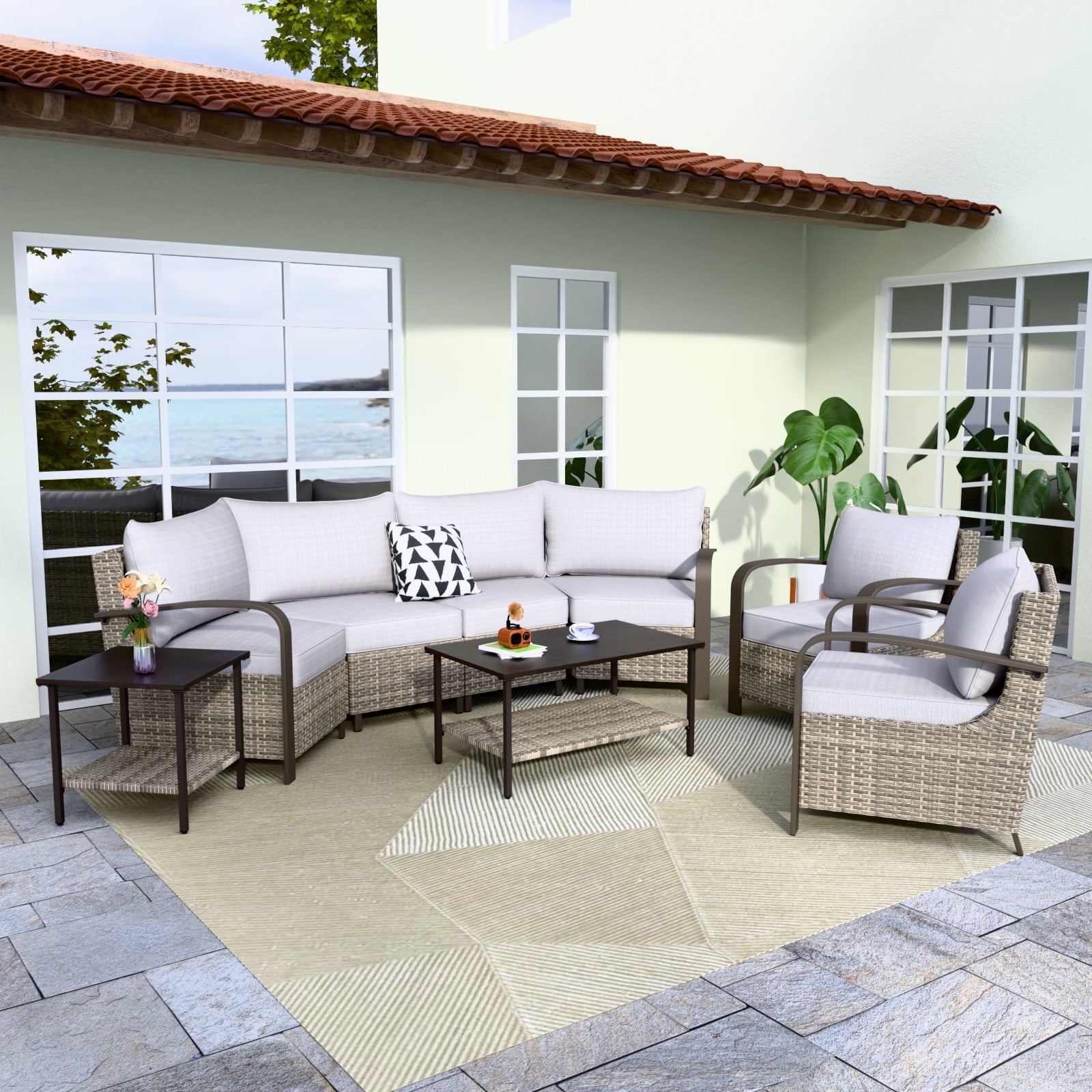 8-Piece Brown Steel Wicker Outdoor Sectional Sofa Set with Beige Cushions
