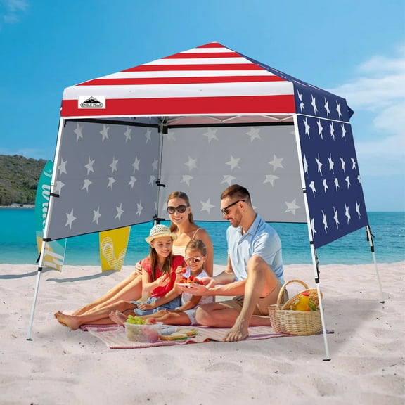 EAGLE PEAK 8ft x 8ft Instant Pop Up Aluminum Frame Slant Leg Outdoor Canopy with 3 Sidewalls and Backpack Bag, American Flag