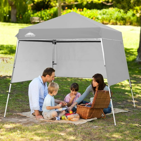 EAGLE PEAK 8ft x 8ft Instant Pop Up Aluminum Frame Slant Leg Outdoor Canopy with 3 Sidewalls and Backpack Bag, Light Gray