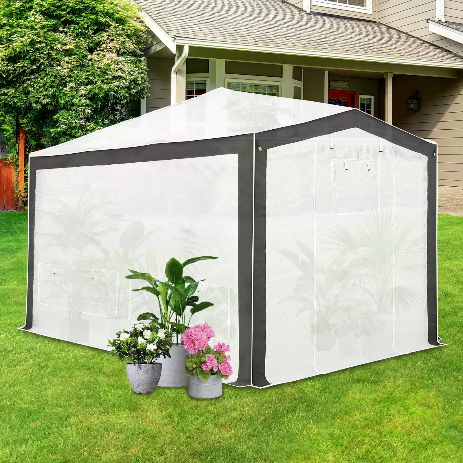 EAGLE PEAK 8x12 Portable Walk in Greenhouse , Heavy Duty Pop Up Green House, Front Roll Up Zipper Entry Door and Mesh Windows, Gray/White