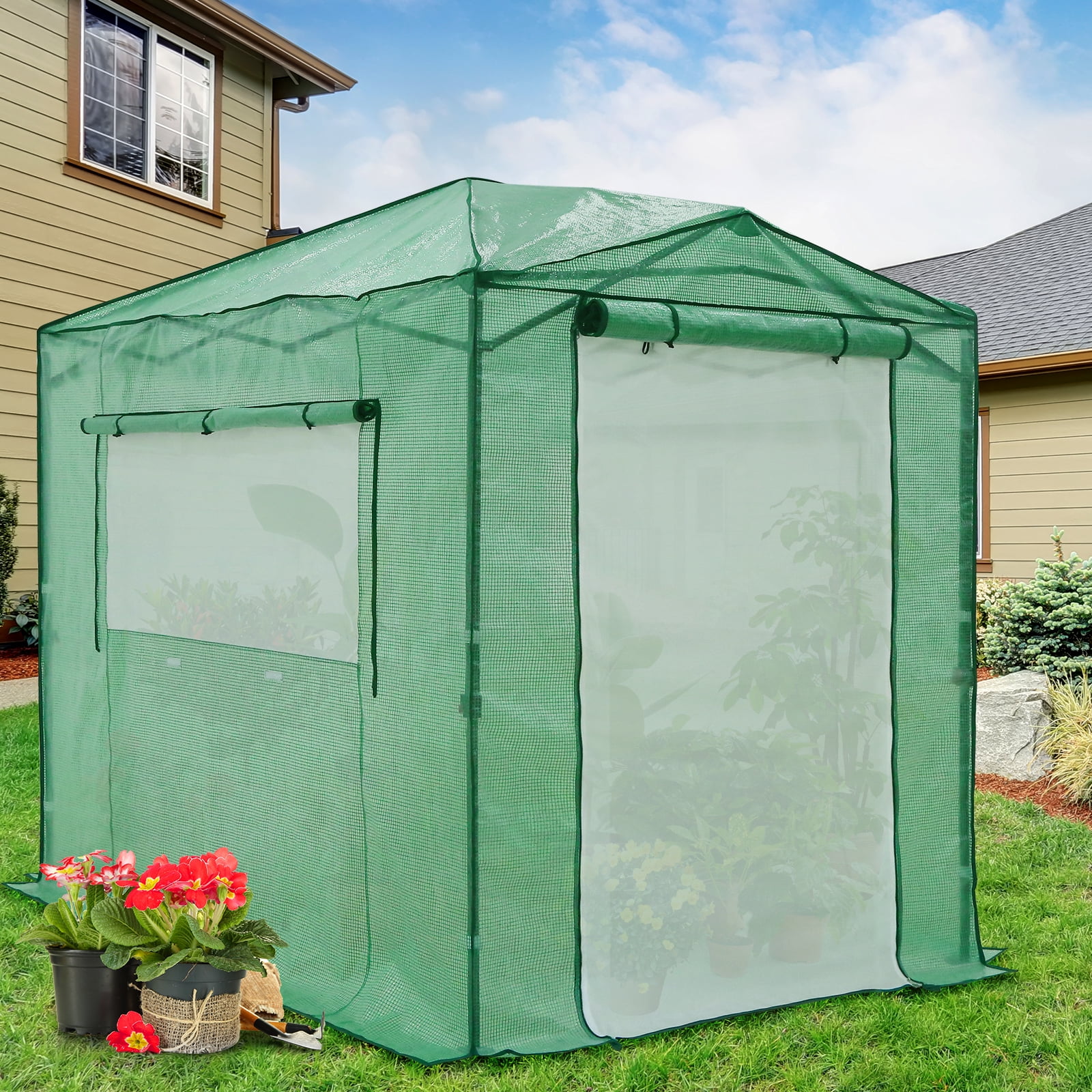 EAGLE PEAK 8x6 Portable Walk-in Greenhouse Instant Pop-up Indoor Outdoor Plant Gardening Green House Canopy with Dual Roll-up Zipper PE Door & Upgraded Screen Mesh Door, Green