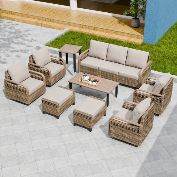 EAGLE PEAK 9 Piece Wicker Outdoor Patio Furniture Set, Patio Set with 4 Swivel Rocking Chairs, 3 Seat Loveseat Sofa, 2 Ottomans, Coffee Table and Side Table, Brown/Gray