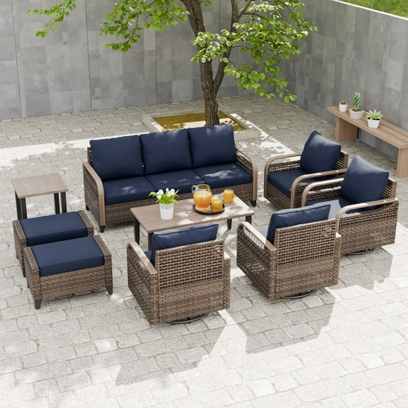 EAGLE PEAK 9 Piece Wicker Outdoor Patio Furniture Set, Patio Set with 4 Swivel Rocking Chairs, 3 Seat Loveseat Sofa, 2 Ottomans, Coffee Table and Side Table, Brown/Red