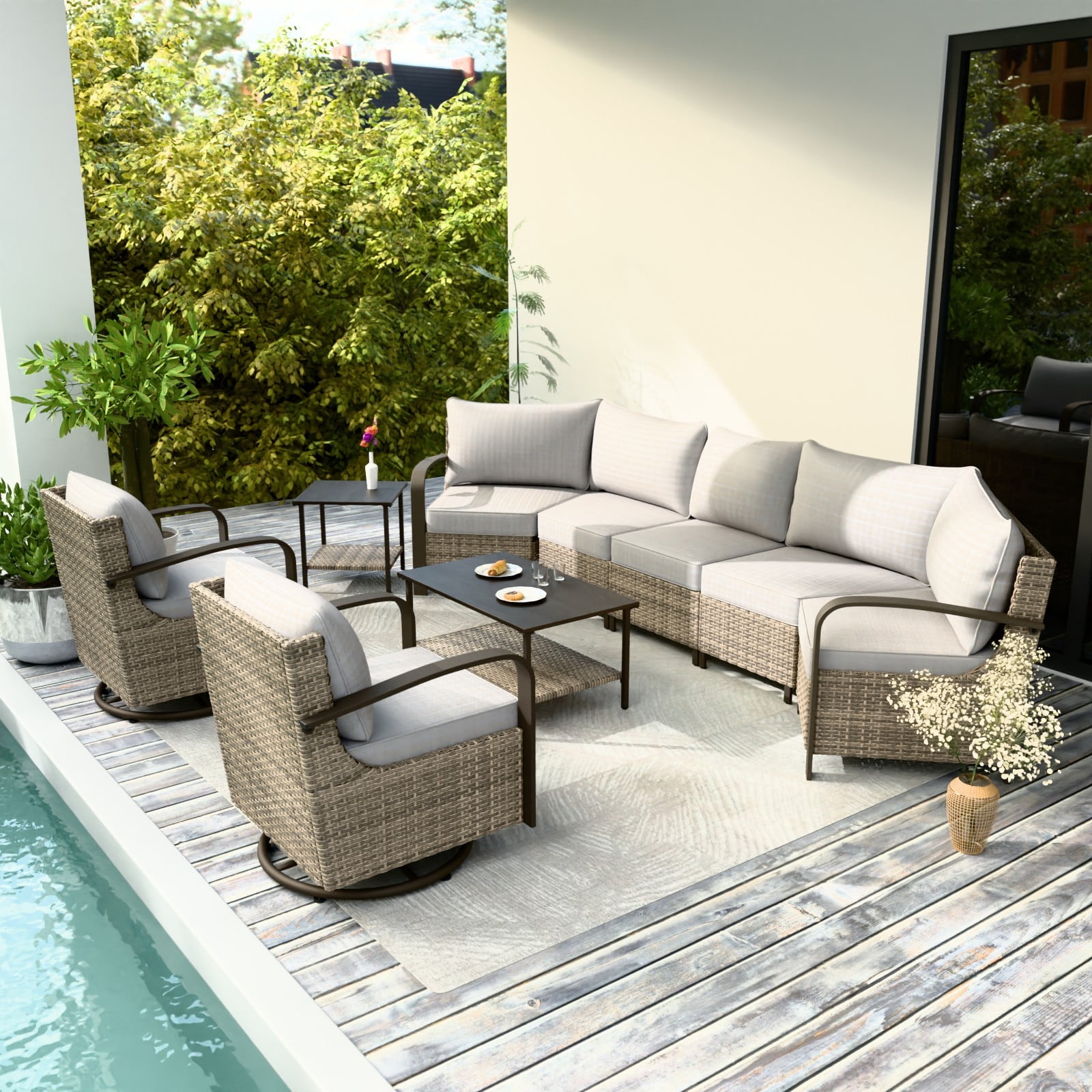 Beige 7-Person Wicker Patio Sectional Sofa Set with Swivel Chairs