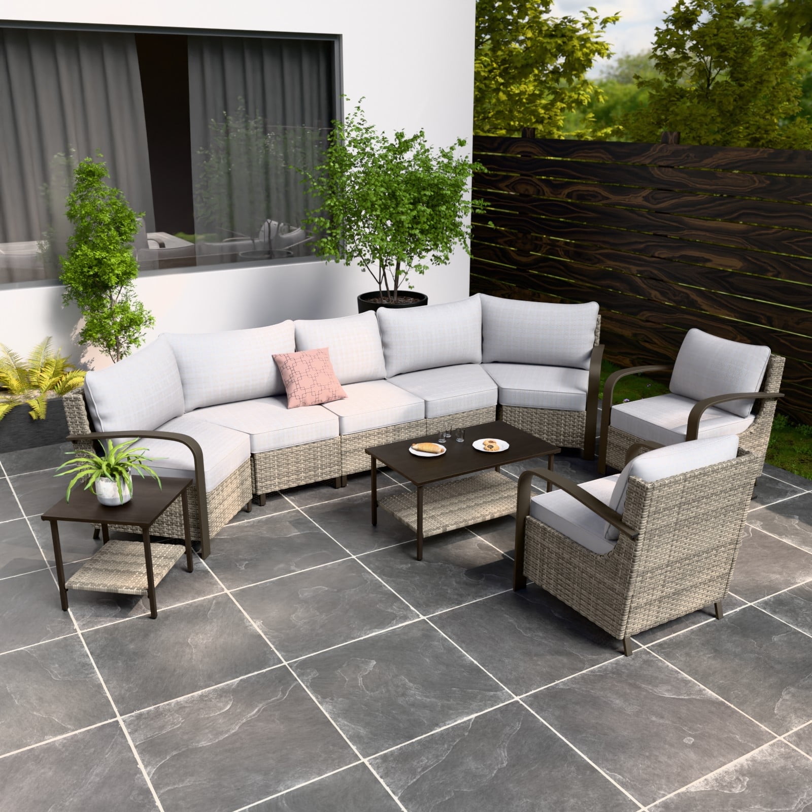 Beige and Brown Steel 7-Person Outdoor Sectional Sofa Set