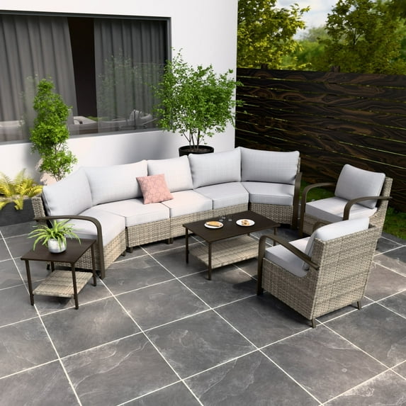 EAGLE PEAK Coastal Vista 9PCS Patio Furniture Set All-Weather Wicker Outdoor Sectional Sofa with Chairs and Coffe Table and Side Table, Patio Conversation Set for Backyard, Beige Cushion