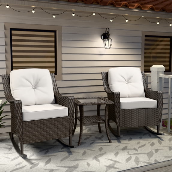 EAGLE PEAK Azure Bay 3 Pieces Outdoor Wicker Bistro Set, Rocking Chairs with Side Table, Brown Wicker and Beige Cushions